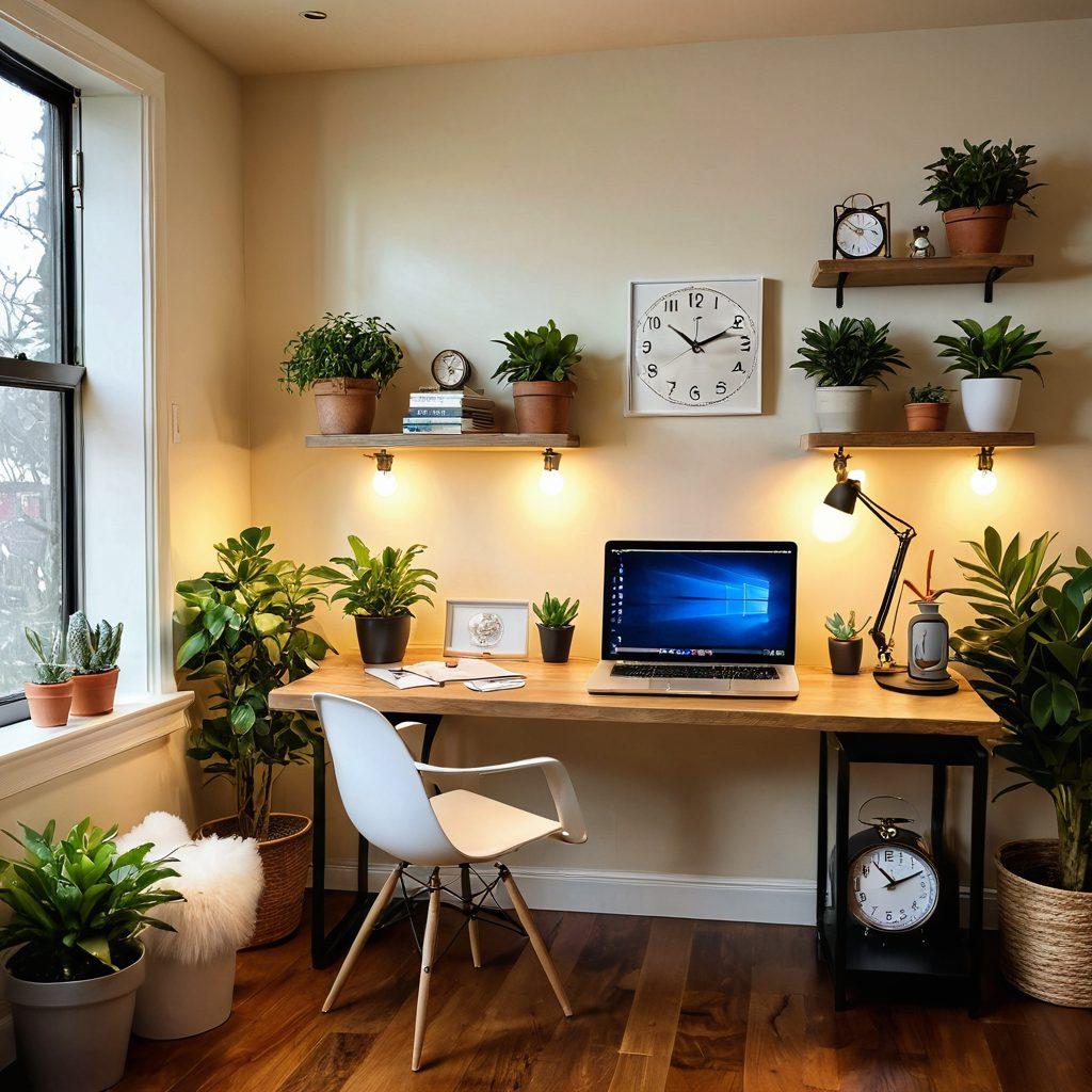 A harmonious workspace blending home and office environments, with a person juggling both family and work symbols like a laptop and a child's toy. Soft lighting envelops the scene, reflecting a cozy yet productive atmosphere. Incorporate elements like plants to signify growth and happiness, and subtle clocks to symbolize time management. Warm, inviting colors evoke a sense of balance and satisfaction. vibrant colors. super-realistic.