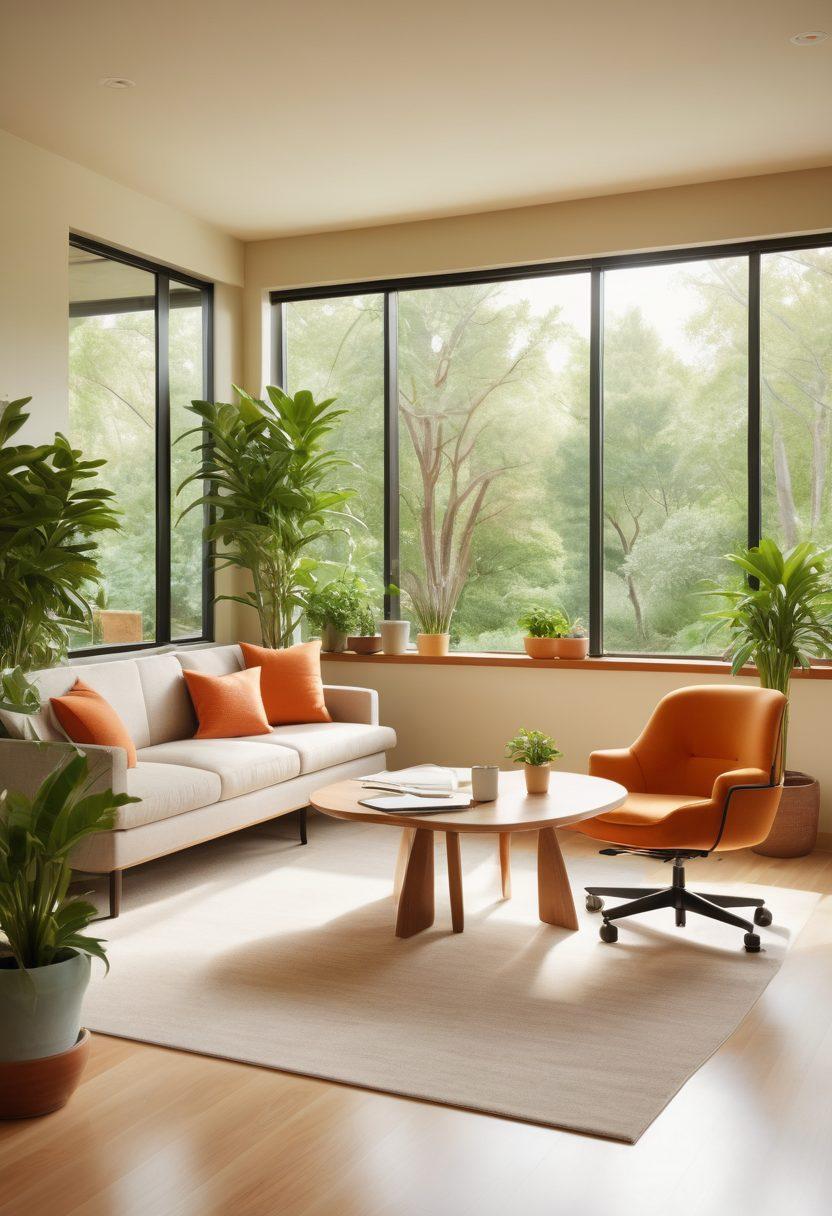 A serene office environment with a diverse group of employees engaging in supportive discussions, surrounded by greenery and soft natural light. Featured elements like family photos, wellness resources, and caring gestures emphasize a culture of empathy and joy. A soothing color palette enhances the warm and inviting atmosphere. super-realistic. vibrant colors. soft focus.