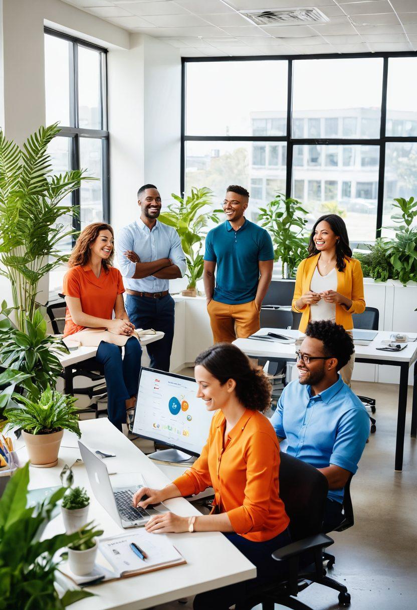 An illustration of a diverse group of happy employees in a modern office setting, surrounded by plants and natural light. Portray scenes of family interaction through photos on desks, benefits icons like health and wellness symbols, and a supportive atmosphere. Include bright colors that evoke positivity and warmth. super-realistic. vibrant colors. white background.